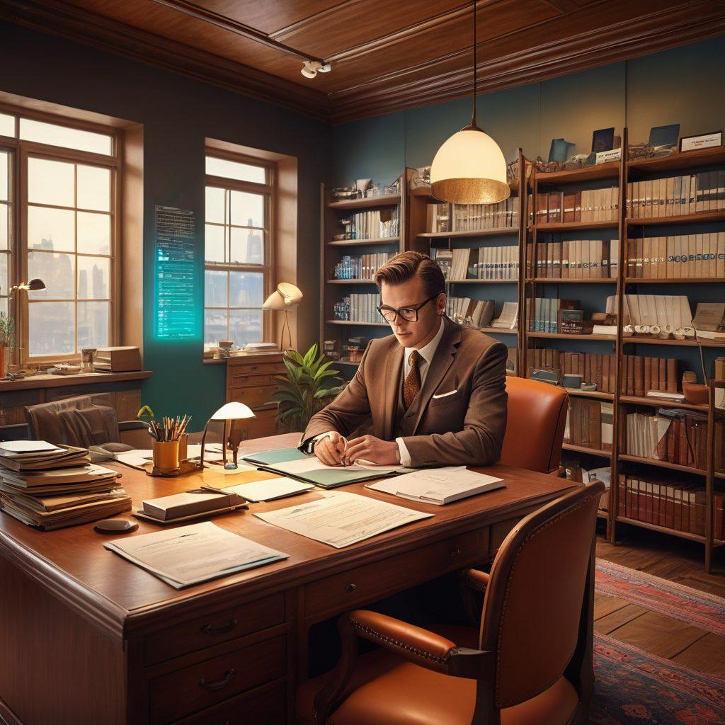 A visual journey depicting the transition from traditional insurance methods to modern insurtech solutions. On one side, an old-fashioned insurance agent with paperwork and a vintage office, transitioning into a futuristic digital landscape filled with diverse, vibrant icons representing various insurance technologies like apps, blockchain, and online consultations. A bridge of light connects both worlds symbolizing transformation and innovation. super-realistic. vibrant colors. futuristic design.