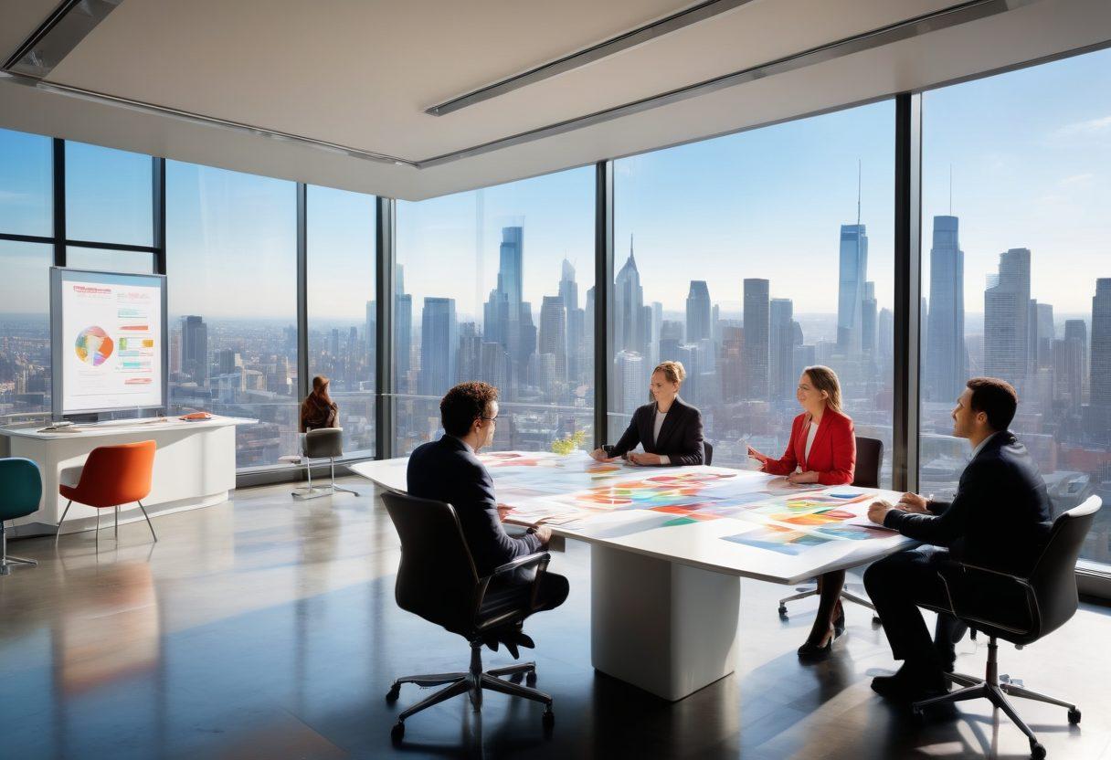 A visually captivating scene of a diverse group of people consulting in a bright office filled with insurance policy brochures. Include charts and graphs illustrating affordability and coverage options while a large window reveals a sunny city skyline. Emphasize a feeling of collaboration and clarity. super-realistic. vibrant colors.