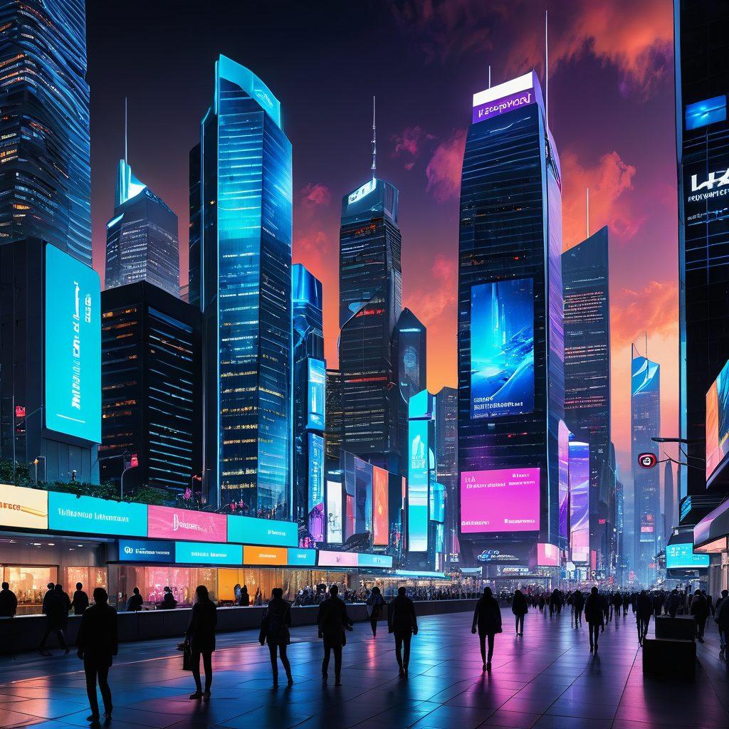 A futuristic cityscape featuring a digital insurance hub with glowing screens, people interacting with AI assistants, and drones delivering insurance policies. Incorporate elements of technology and connectivity, highlighting digital solutions. The skyline should be vibrant and dynamic, showcasing the evolution of the insurance industry in a modern world. super-realistic. vibrant colors. cyberpunk.